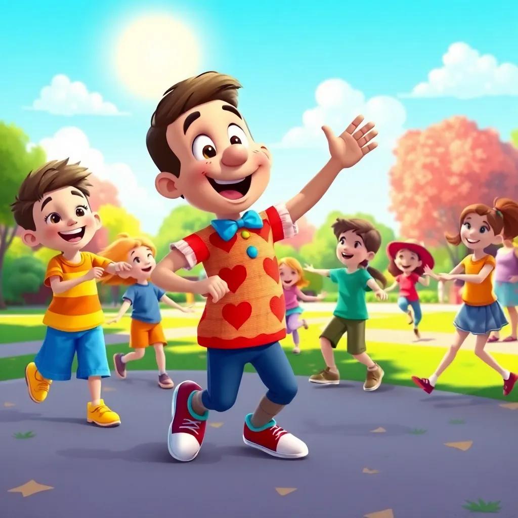 Rocco dancing with kids in the park, spinning and jiving, smiles and laughter all around, bright sunshine, colorful surroundings, happy and energetic vibe, vibrant illustration