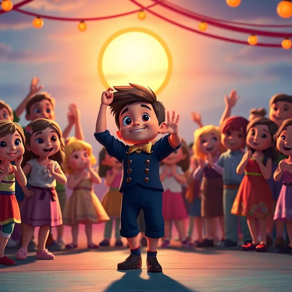 Rocco looking proud after dancing, surrounded by cheering children and friends, sunset casting a warm glow, joyful celebration of dance and friendship, warm colors, heartwarming scene