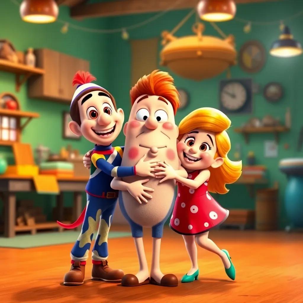 Rocco, Timmy, and Molly happily hugging after their dance, workshop in the background, bright colors and smiling faces, joyful atmosphere, digital art, cheerful and inviting