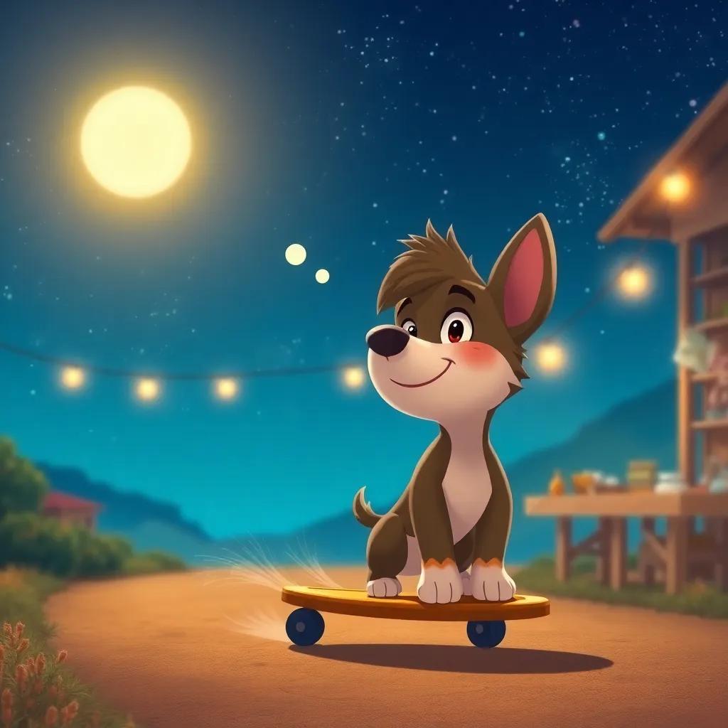 Rocco rolling home under a starlit sky, thinking about his dance adventure, warm glow of workshop lights in the background, serene and happy atmosphere, digital illustration, dreamy scene