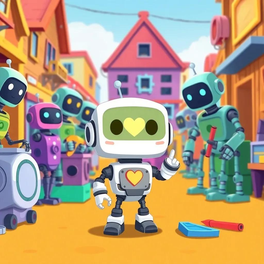 Rolo, the little robot with a glowing heart, asking busy robots for friendship in a bustling town, robots working with tools, colorful background, illustration, joyful scene, child-friendly