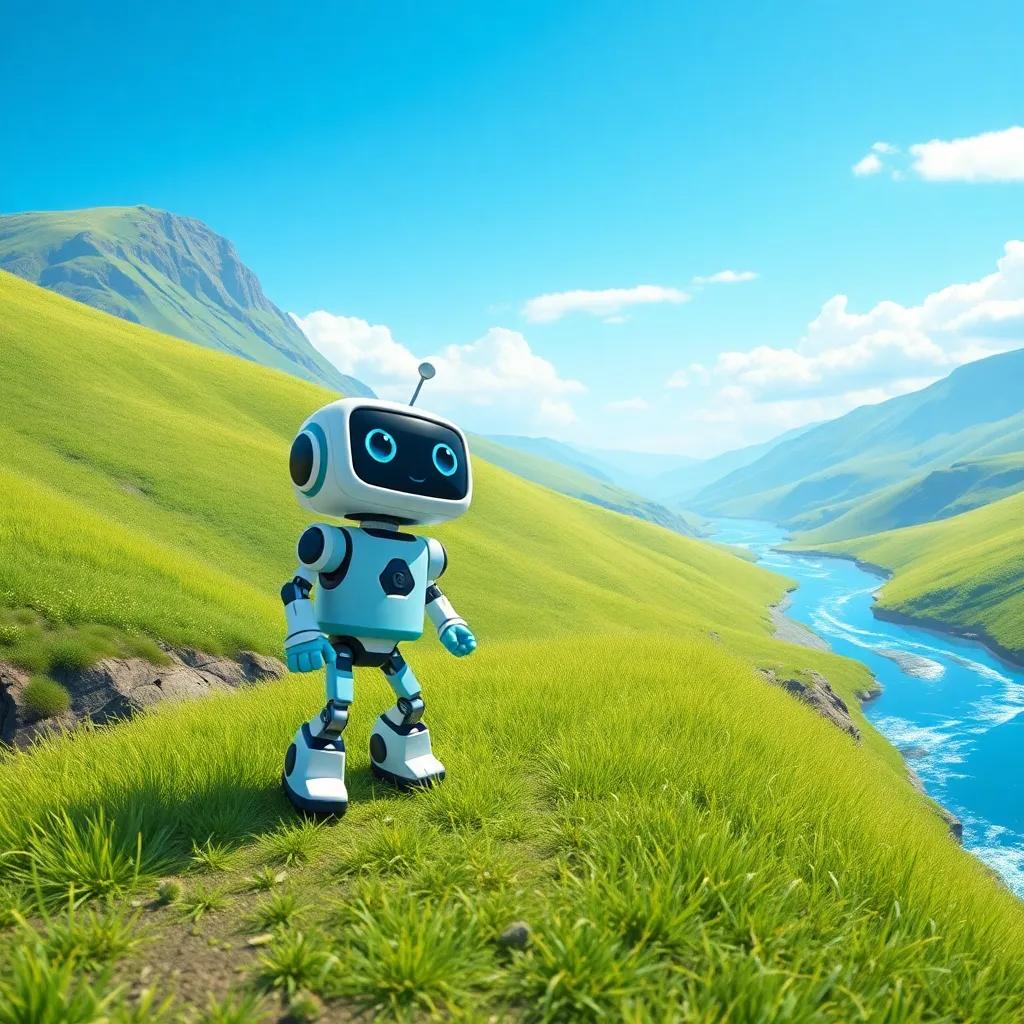 Rolo, the little robot, embarking on a journey across grassy hills and sparkling rivers, a bright blue sky overhead, feeling hopeful and excited, cheerful color palette, landscape view, high quality