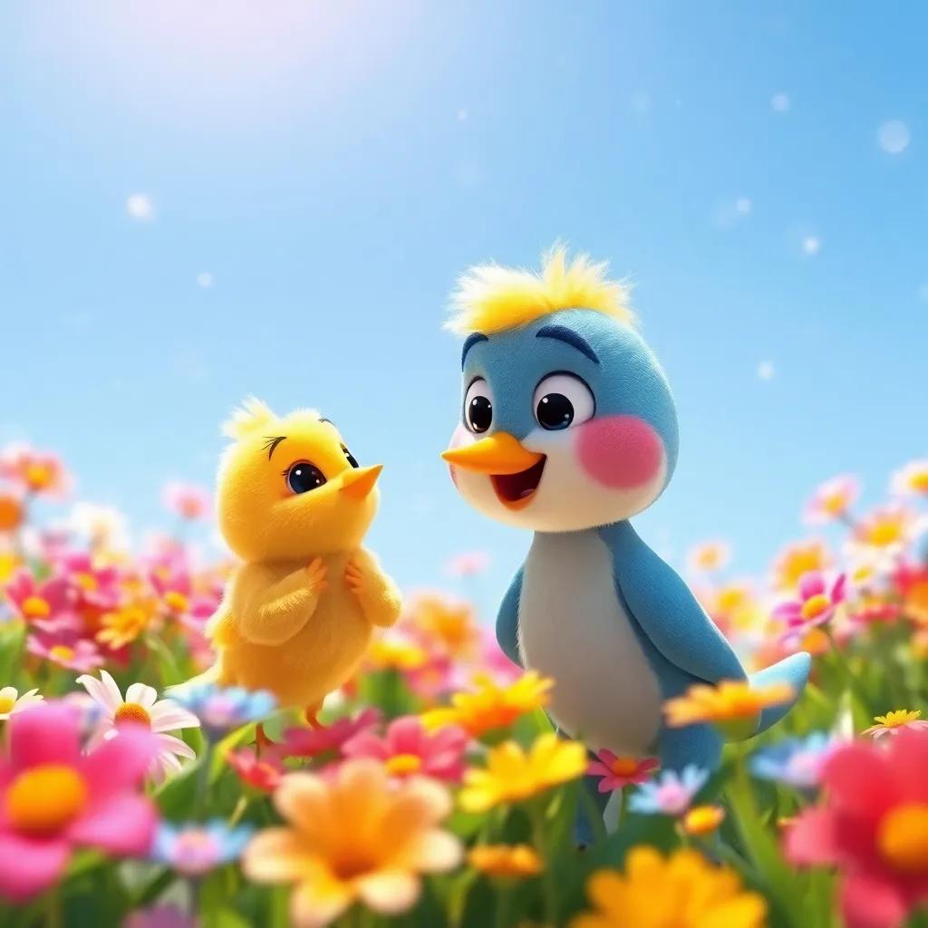 Chirpy, a little yellow bird, with soft feathers, meeting Rolo in a field of colorful flowers, bright sunny day, sparkling atmosphere, happy scene, digital art, vibrant colors, friendly