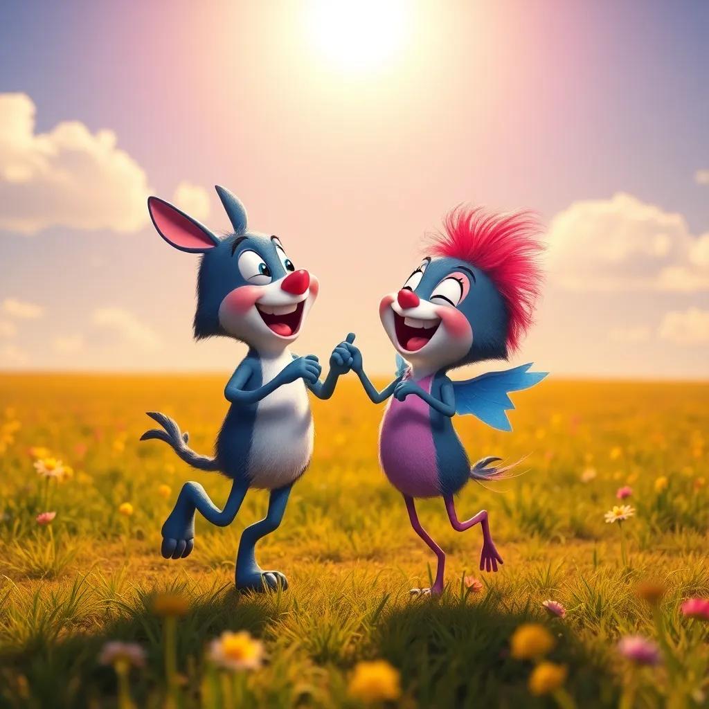 Rolo and Chirpy dancing together in a field, laughter in the air under a sunlit sky, both are having fun, joyful and playful scene, cheerful colors, high quality