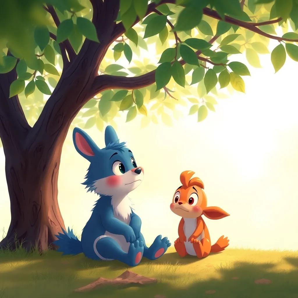 Rolo noticing Chirpy looking sad, sitting under a tree, soft light through leaves, emotional moment of friendship, warm colors, heartwarming perspective, illustration