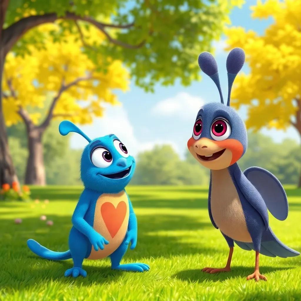 Rolo telling Chirpy he will help him fly, Chirpy looking surprised and happy, feeling hopeful in a sunny park setting, bright colors, friendly atmosphere, high quality