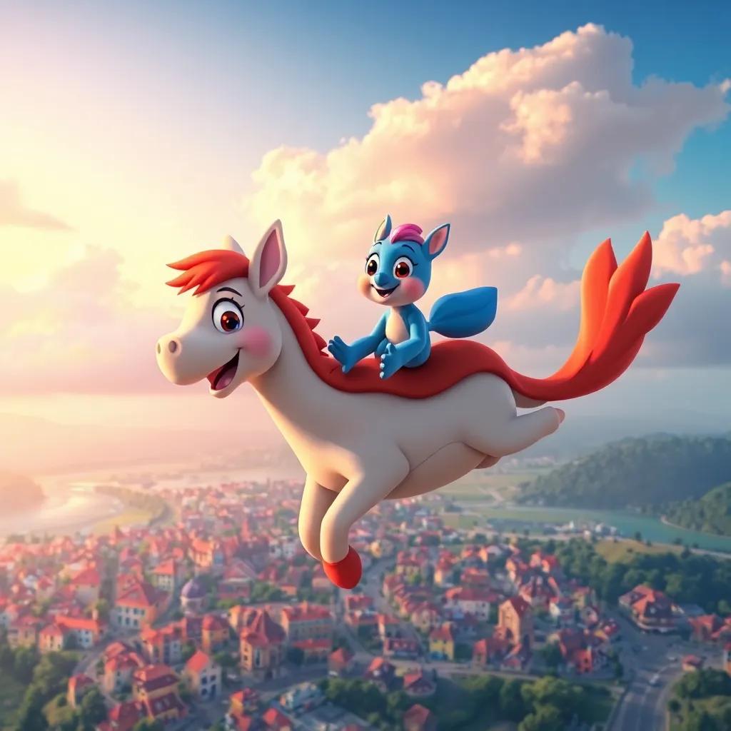 Rolo with Chirpy riding on his back, soaring high into the sky, the town below them, magical view, cheerful and adventurous, vivid colors, digital art, uplifting atmosphere