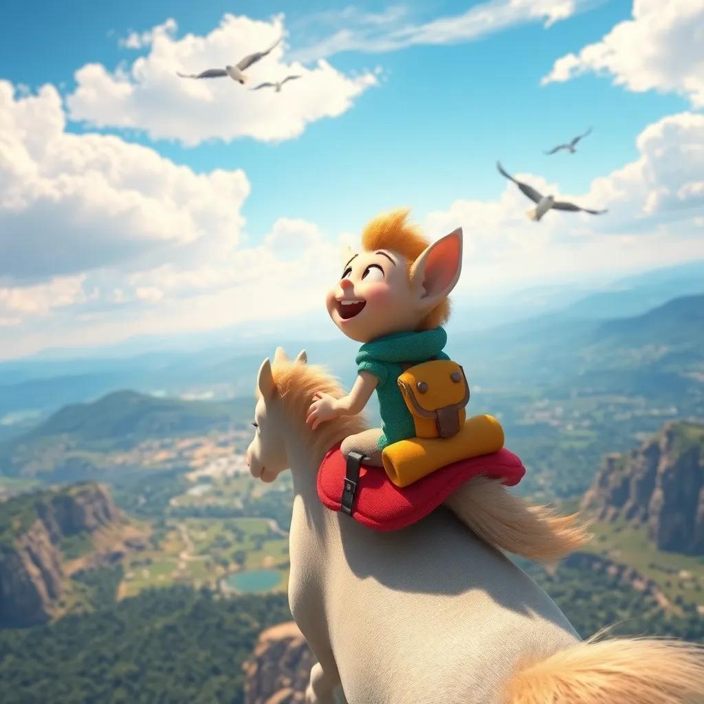 Chirpy, full of joy as he sees the world from above while riding Rolo, beautiful landscape, birds flying together in the distance, breathtaking view, high quality