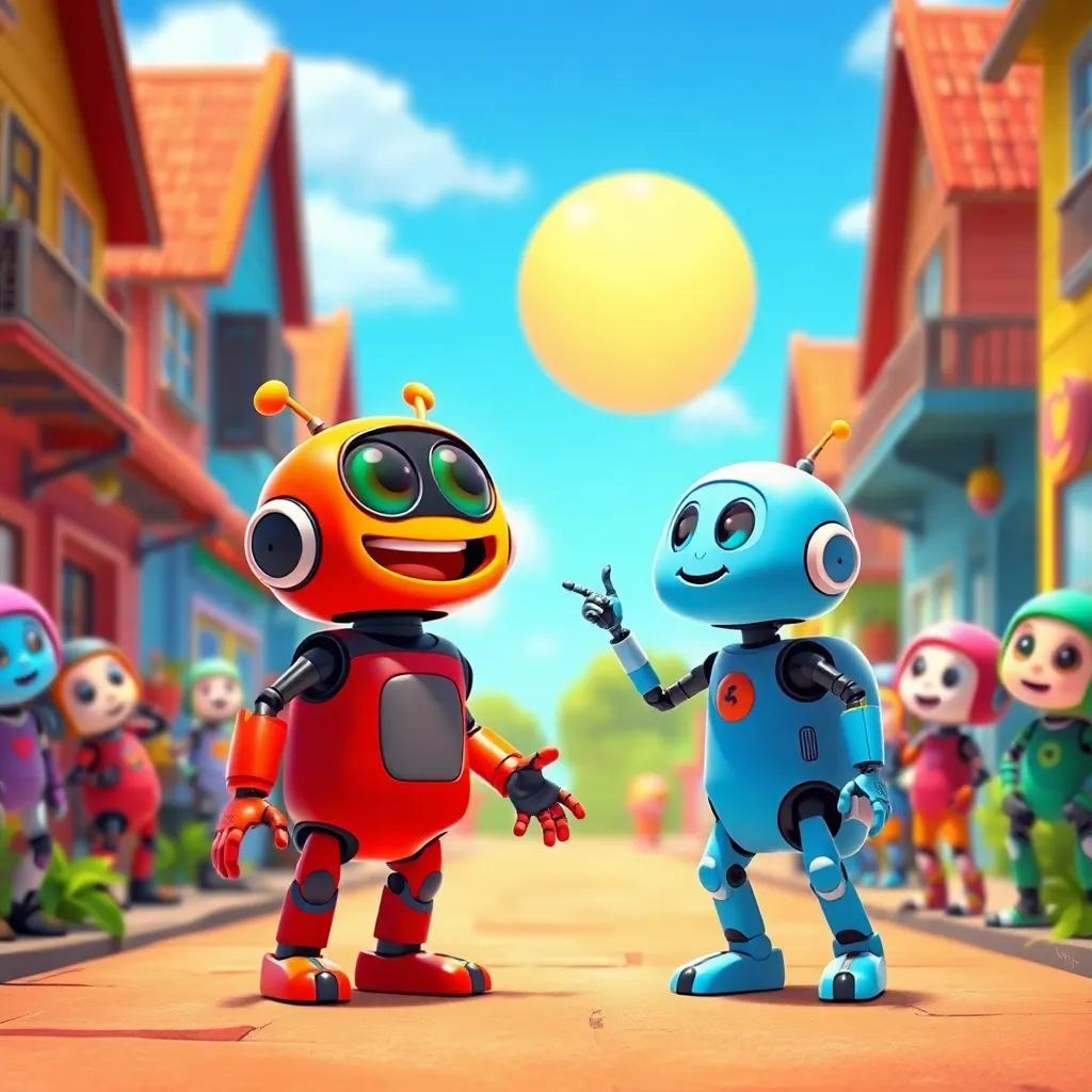Rolo and Chirpy together in their town, spreading joy, other robots watching and smiling, bright colors, heartwarming scene of friendship, vibrant atmosphere, digital art