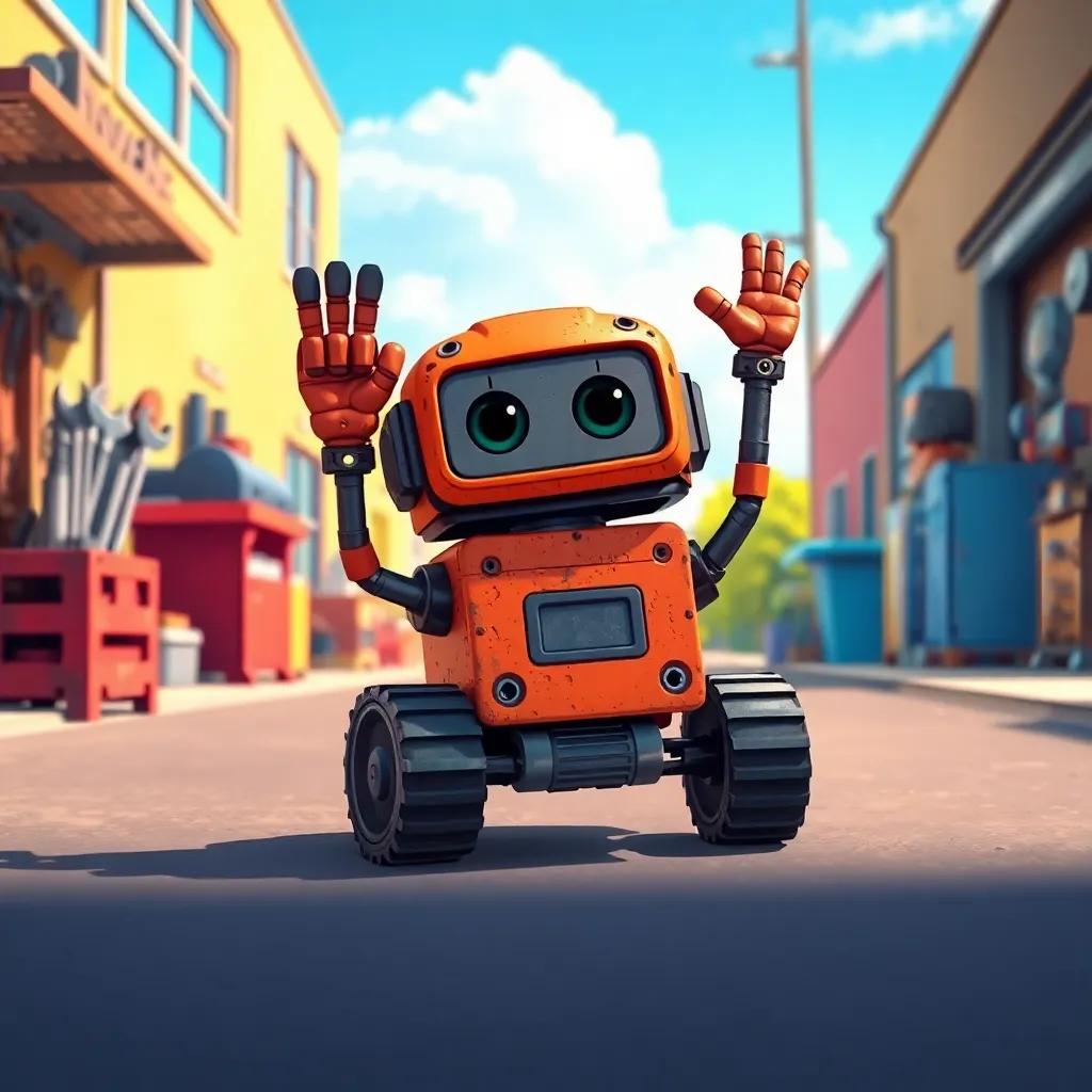 Rusty, the little robot rolling down the street with a determined look, waving goodbye to tools in a garage, sunny day, bright colors, playful perspective, cheerful scene
