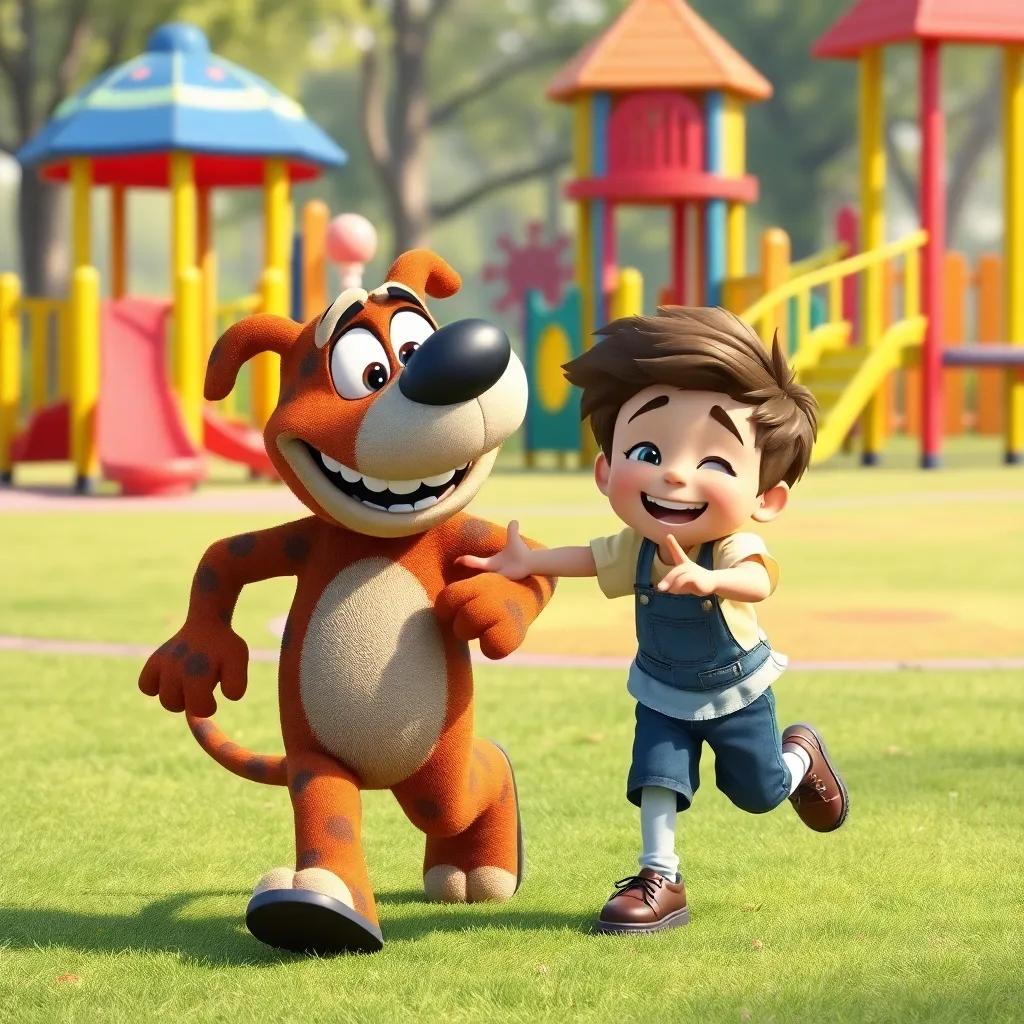 Rusty bumping into a little boy named Max while playing tag, Max laughing and pointing at Rusty, colorful playground in background, fun, bright colors, child-friendly illustration