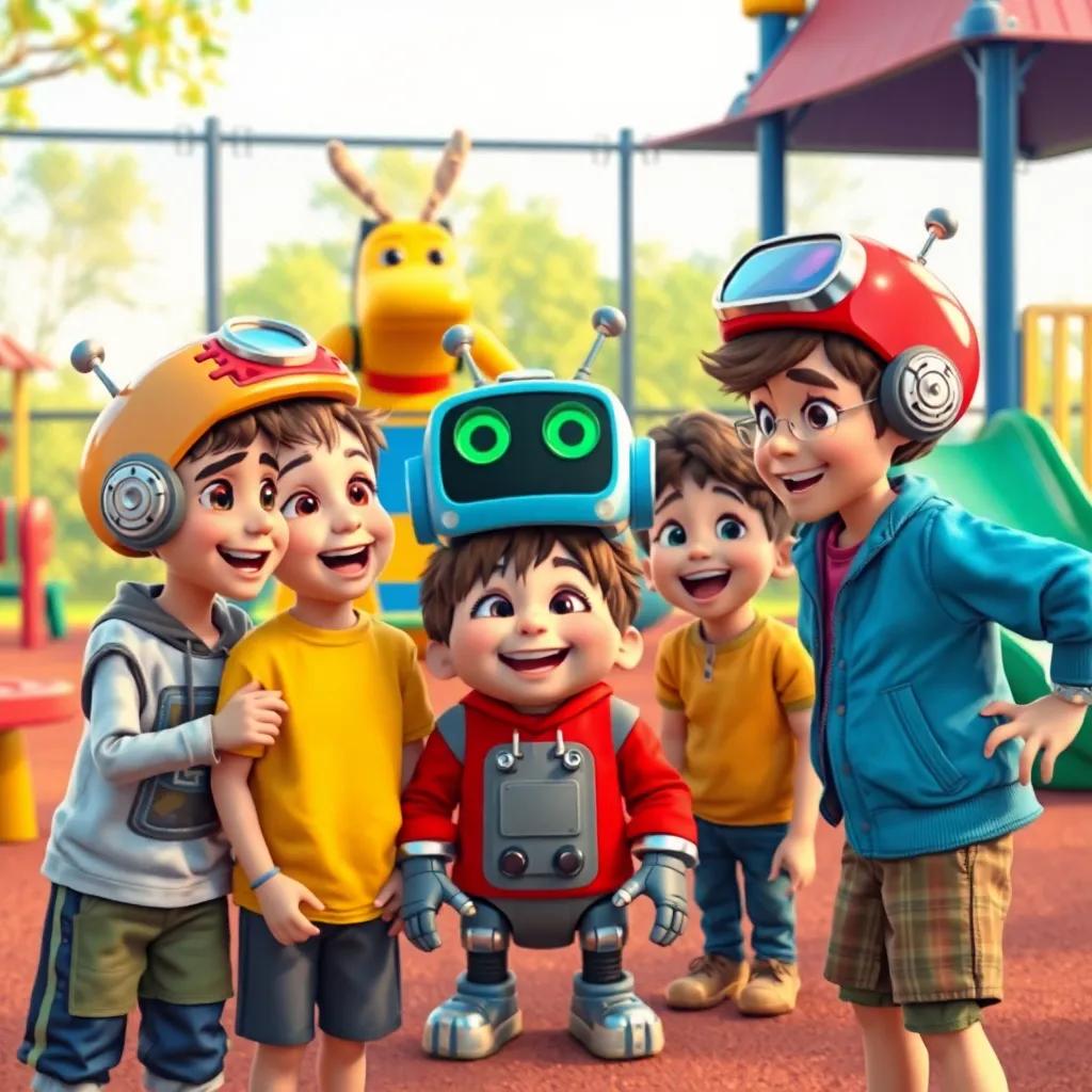 Children pretending to be robots while Rusty watches, all laughing and making silly faces, playground setting, colorful, joyful expressions, lively atmosphere, digital art