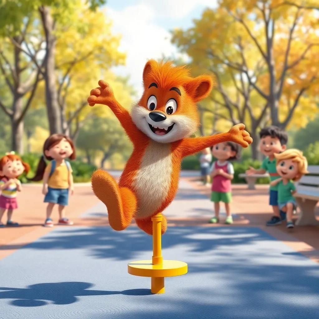 Rusty trying to jump rope and falling, children cheering him on, sunny park scene with bright colors, fun atmosphere, child-friendly artwork
