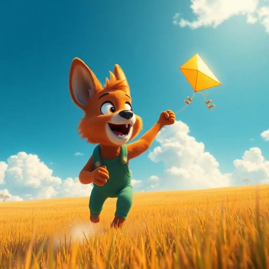 Rusty zooming to an open field with a shiny kite he built himself, the kite flying high in the sky, beautiful clouds, bright colors, uplifting scene, digital art
