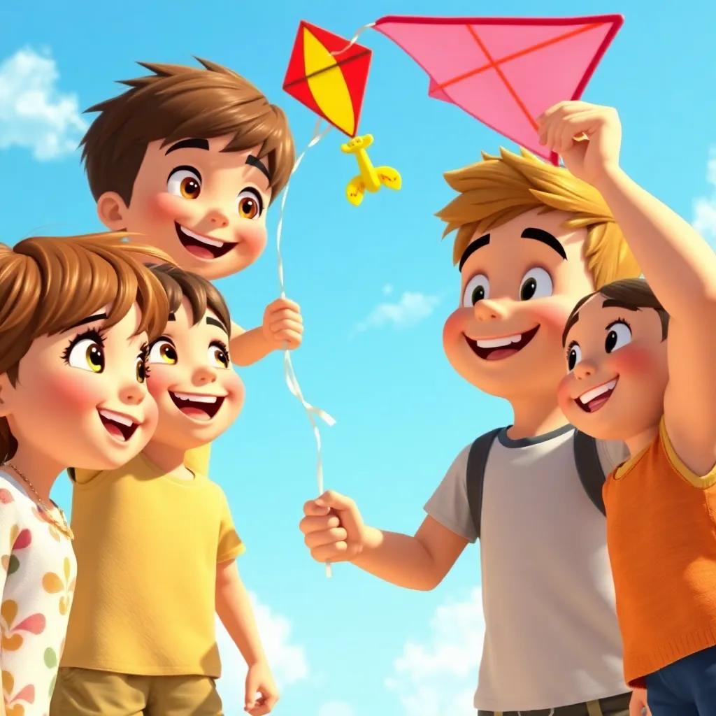 Children helping Rusty fly the kite, excitement in their eyes, Rusty smiling, sunny day, bright colors, happy atmosphere