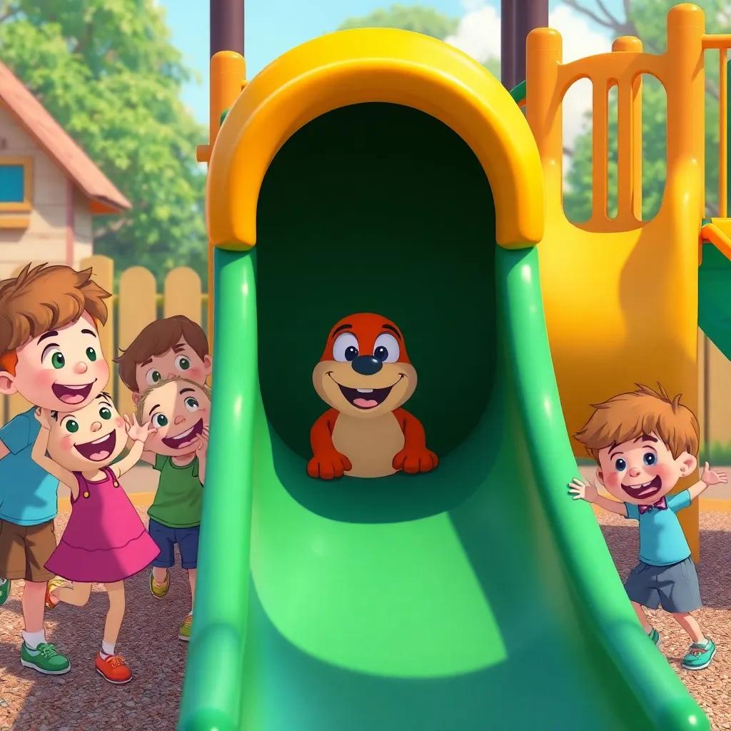 Rusty hiding behind a big slide while children are playing hide and seek, all laughing, playful scene at a playground, colorful, cheerful, child-friendly art