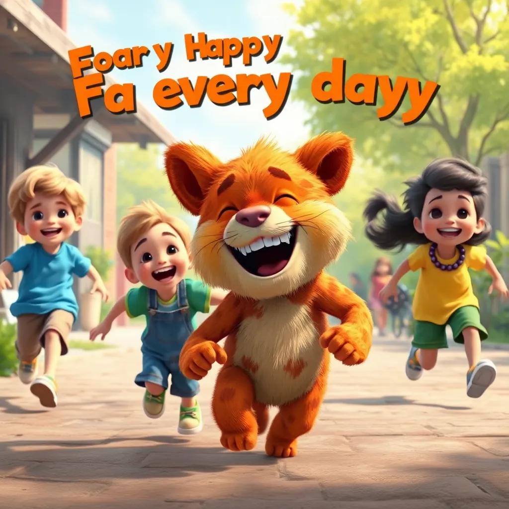 Rusty playing with kids every day, filled with laughter and adventure, children running around, bright and joyful colors, engaging atmosphere, fun digital art