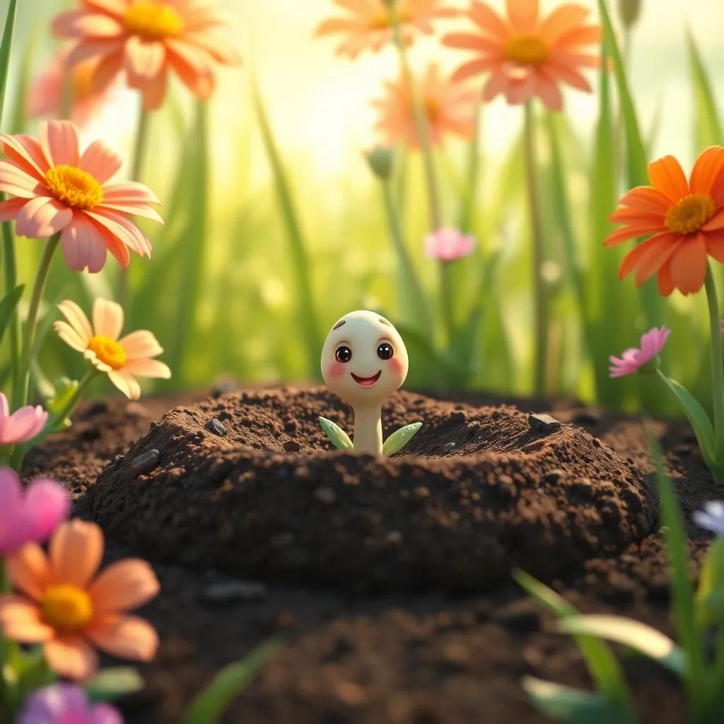 A tiny seed named Sammy, nestled in a patch of soil, surrounded by vibrant flowers and tall grass, soft sunlight filtering through, cheerful atmosphere, high quality