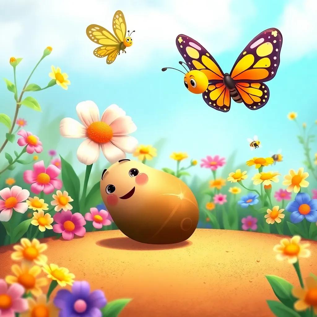 Sammy, the tiny seed, rolling on the ground, with Bella the butterfly fluttering above, colorful garden filled with blooms and buzzing bees, bright and lively, illustration, child-friendly