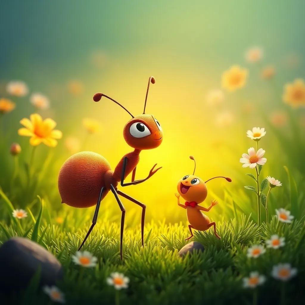 Max the ant, busy carrying food, looking up at Sammy, who is excitedly dreaming of growing big, with tiny flowers and lush green grass in the background, detailed and cheerful, warm lighting