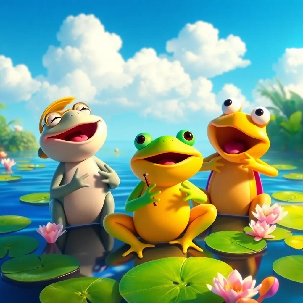 Sammy, Bella and Frodo the frog singing by the pond, surrounded by lily pads and vibrant water, bright blue sky with fluffy clouds, joyful and colorful, digital art, engaging