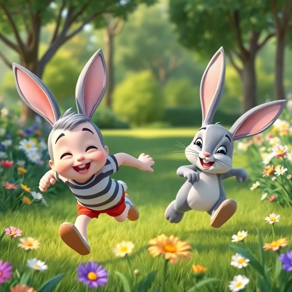Sammy and Benny the bunny racing in the garden, with trees in the distance, playful atmosphere with flowers and grass all around, laughter and joy, vibrant colors, child-safe illustration
