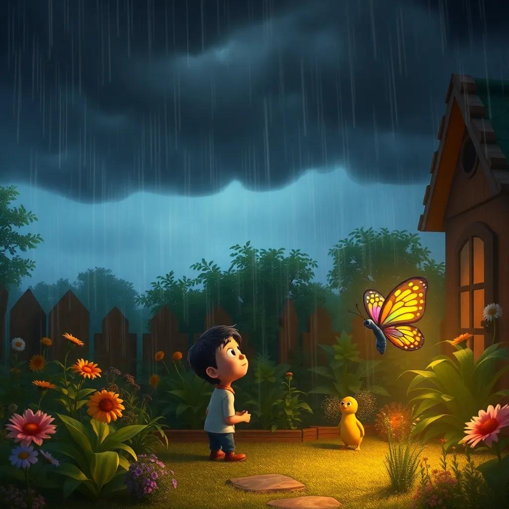 Dark clouds rolling in over the garden, rain falling softly, Sammy looking scared but friends around him, Bella the butterfly encouraging him, cozy scenery, warm and inviting light, emotional