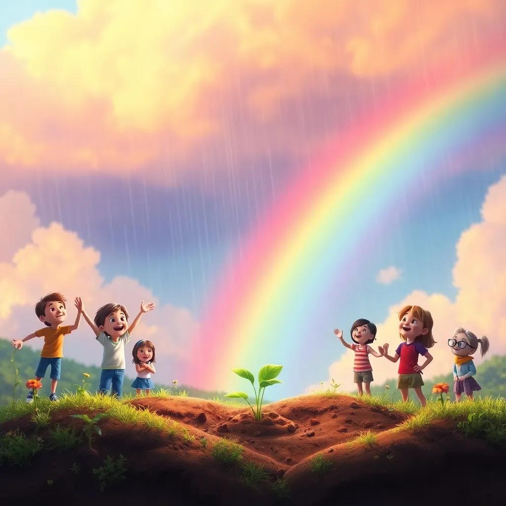 A beautiful rainbow appearing after the rain over Sammy, who is beginning to sprout roots in the soil, friends cheering around him under the colorful sky, magical and inviting scene, high quality