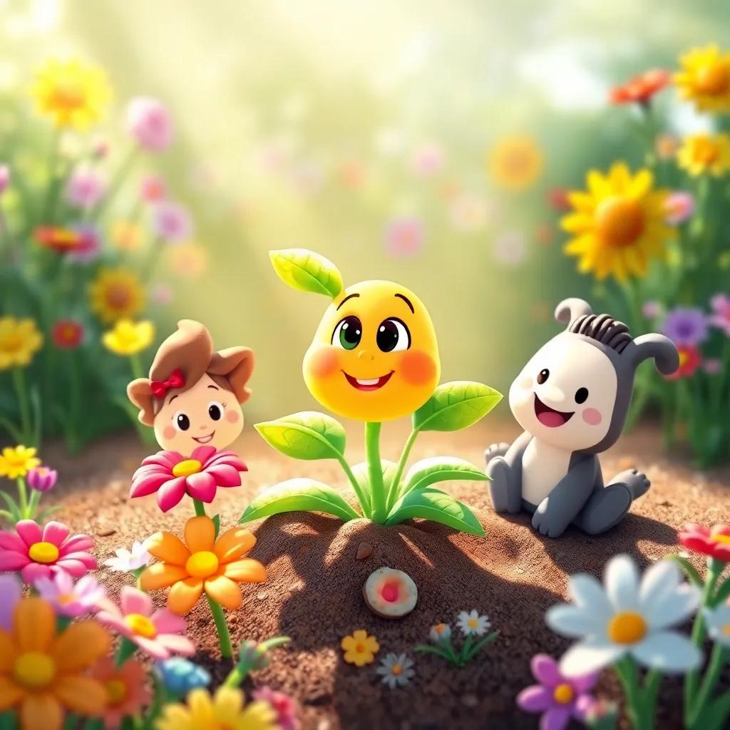 Sammy, now a little plant, surrounded by cheerful friends like Bella, Frodo, and Max, in a sunny patch of ground, colorful flowers and bright sunlight, heartwarming and vibrant, child-friendly illustration