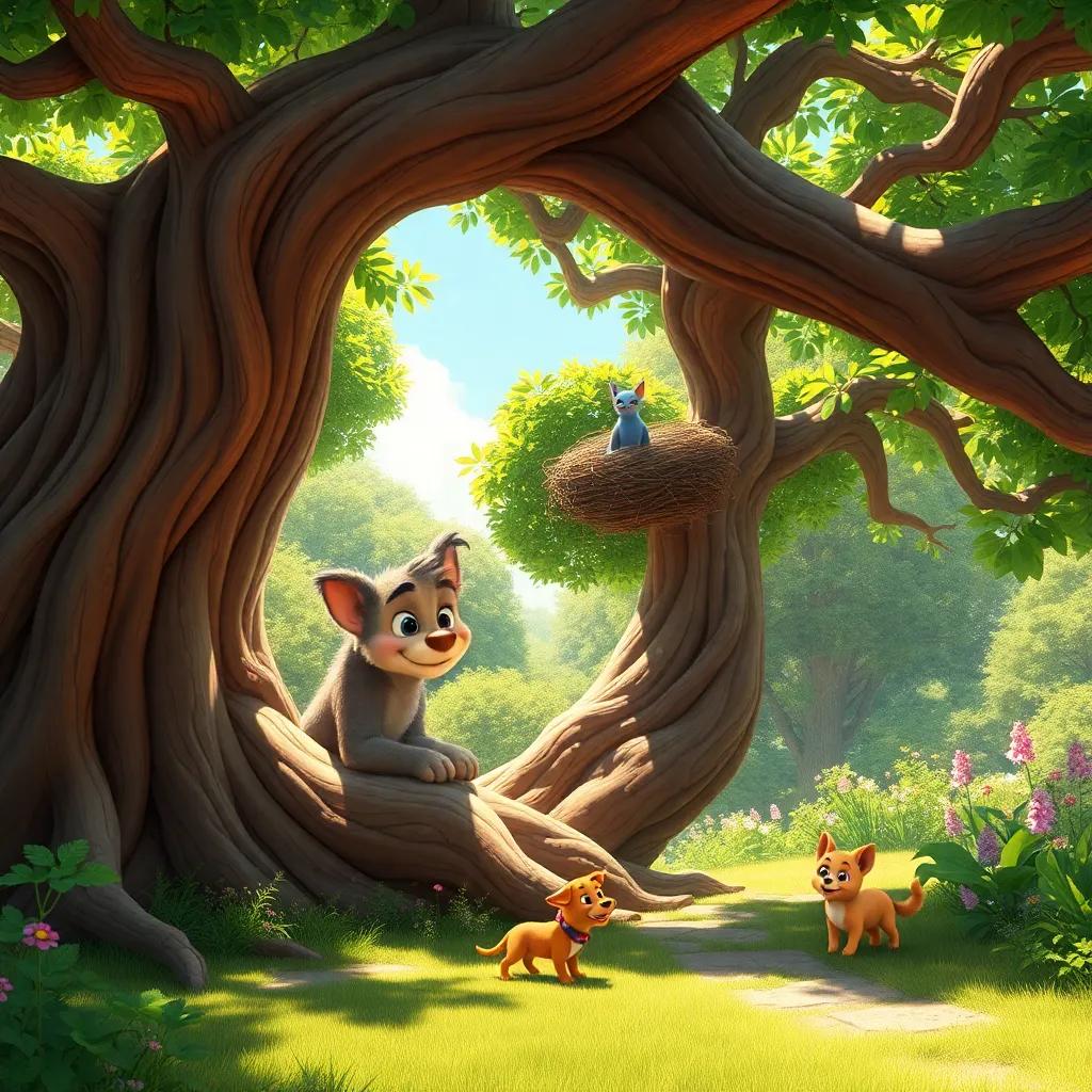 Sammy as a mighty tree, with sprawling branches providing shade for Bella, a nest for Frodo, and Max happily exploring around, bright sunny day, lush garden scenery, joyful and warm, digital art