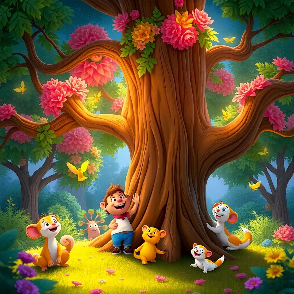 Sammy's tree with friends playing and enjoying their time, colors of nature vivid and lively, celebrating a wonderful friendship, cheerful atmosphere, engaging and heartwarming scene