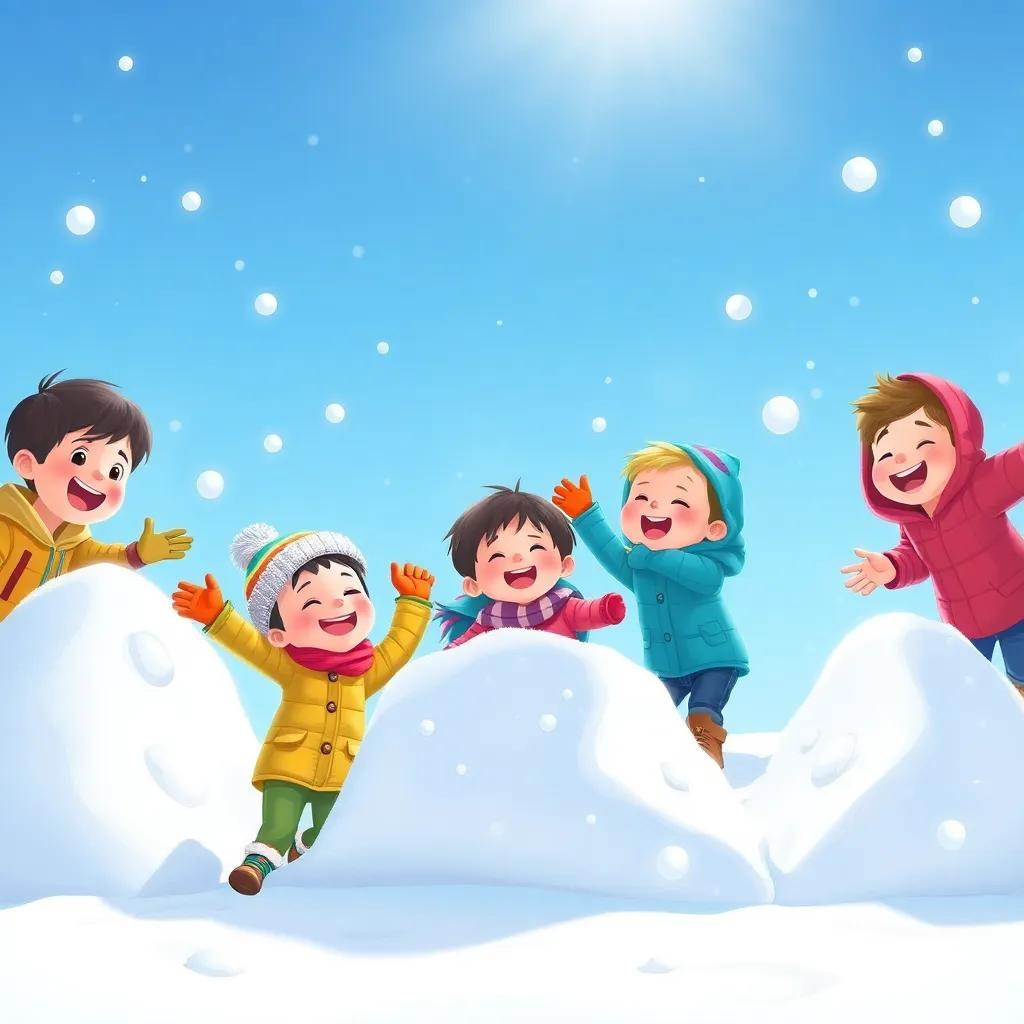 Children building snow forts and throwing snowballs, laughter in the air, a bright blue sky overhead, snowflakes falling gently around them, illustration, fun and vibrant, child-friendly