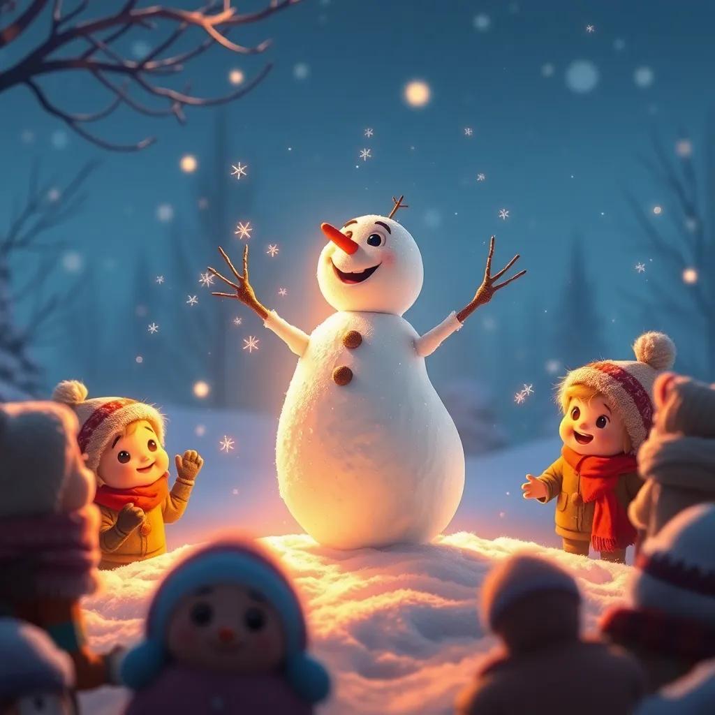 Sunny, the little snowman, twirling and dancing, sparkles flying from his twigs, surrounded by amazed children, warm light illuminating the scene, magical winter wonderland, high quality digital art
