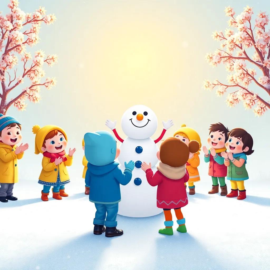 Happy children gathered around Sunny, clapping and singing, snowman in the center, bright colors, winter magic in the air, perspective focused on joyful faces, high quality