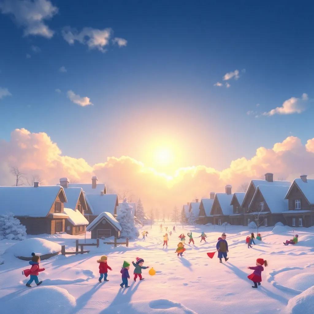 The sun peeking through clouds, warming a snowy village filled with children playing, bright light, cheerful atmosphere, winter fun, digital painting, uplifting, high quality