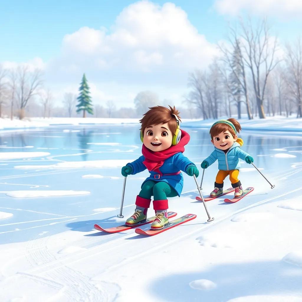 Children skiing and sliding on a frozen pond, big smiles, Sunny watching joyfully nearby, bright colors, clear winter day, imaginative and fun scene, high quality