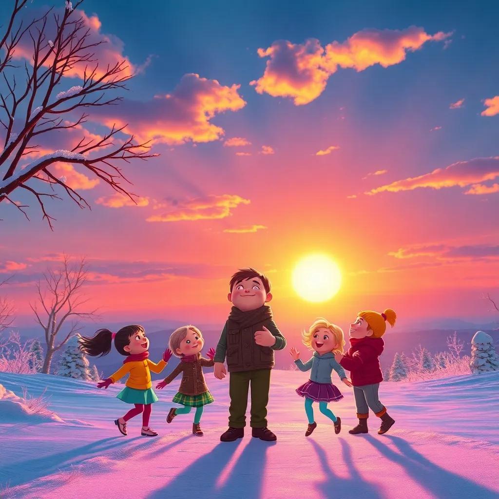 A beautiful sunset with warm rays painting the sky, Sunny feeling warmth in his heart, children dancing around him, vibrant and colorful, magical winter evening, high quality