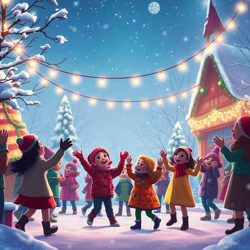A festive winter celebration with lights twinkling, children dancing and singing, joy in the air, under a starlit sky, perfect magical winter scene, digital art, high quality