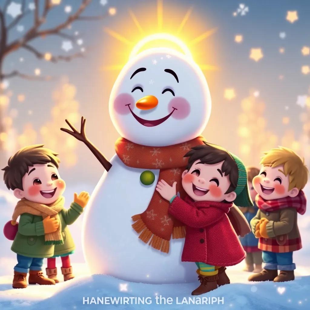 A heartwarming scene of Sunny the snowman with children, surrounded by laughter and friendship, emphasizing warmth and joy, colorful and cheerful atmosphere, high quality digital art