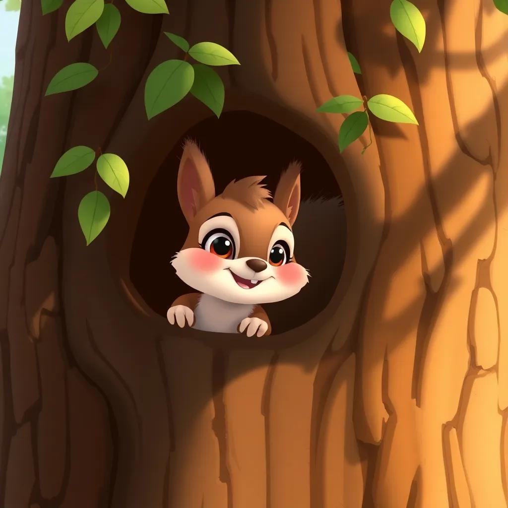 A cheerful little squirrel, Sammy, with a fluffy tail and bright eyes, peeking out of his cozy nest in a tall tree, morning sunlight filtering through the leaves, digital art, warm colors, inviting atmosphere, happy scene, high quality