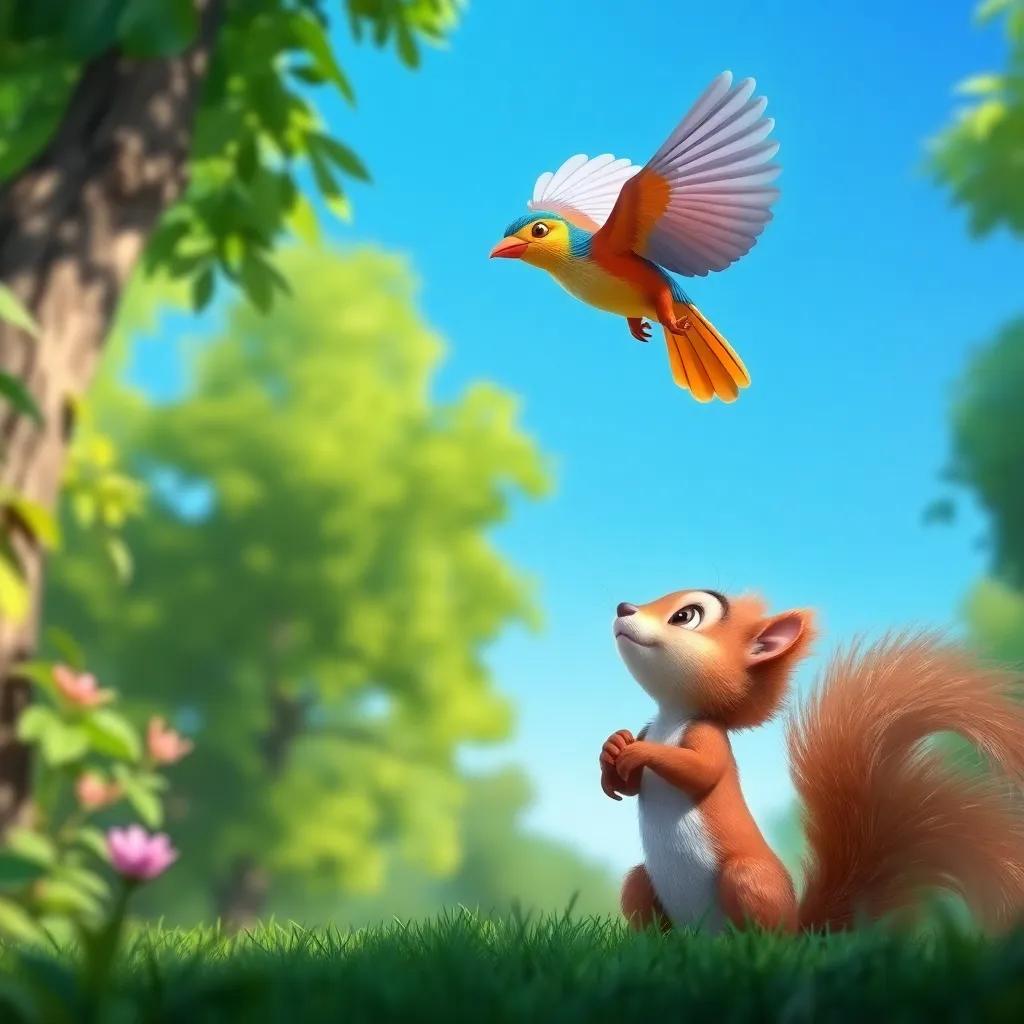 A playful little squirrel, Sammy, gazing up at a colorful bird, Benny, flapping his wings above in a lush green forest, bright blue sky, digital art, vibrant colors, lively atmosphere, engaging composition, high quality
