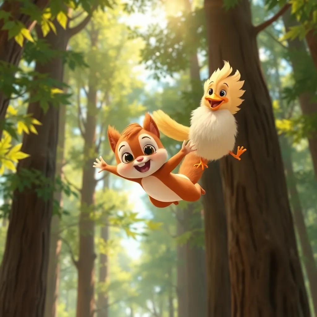 A little squirrel, Sammy, and a fluffy bird, Benny, flying joyfully through tall trees, with sunlight shining through leaves, exploring together, digital art, cheerful tone, bright colors, whimsical perspective, high quality