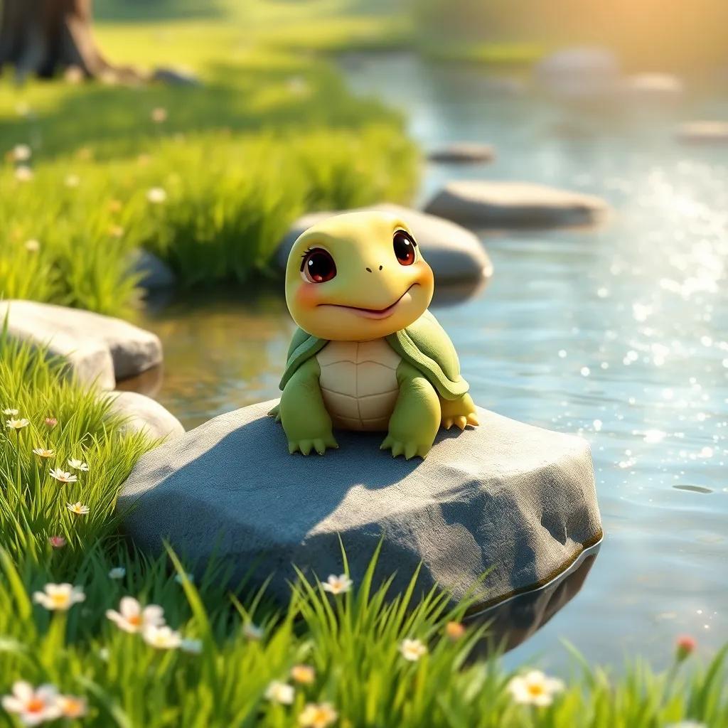 A cute turtle, Tilly, sitting on a sunny rock by a sparkling river, smiling gently, surrounded by green grass and flowers, tranquil setting, digital art, soft colors, peaceful atmosphere, inviting perspective, high quality