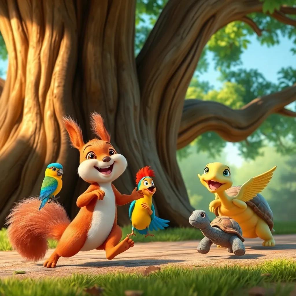 A happy little squirrel, Sammy, having a friendly race with a colorful bird, Benny, and a turtle, Tilly, by a majestic oak tree, laughter and joy all around, digital art, bright colors, dynamic scene, engaging composition, high quality