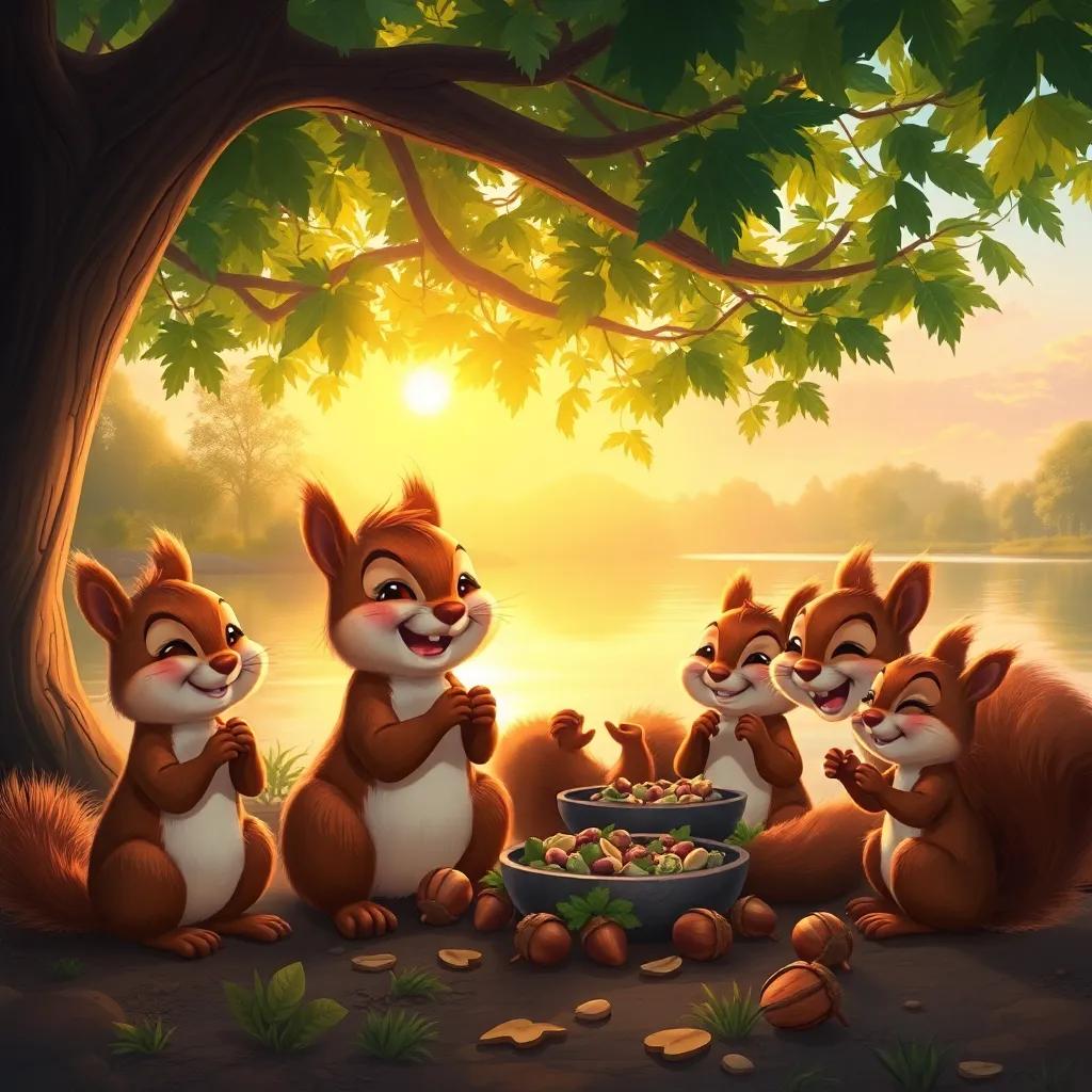A little squirrel, Sammy, and friends having a joyful snack under a shady tree by the river, munching on acorns, seeds, and greens, warm sunset light, digital painting, cheerful gathering, colorful atmosphere, heartwarming scene, high quality