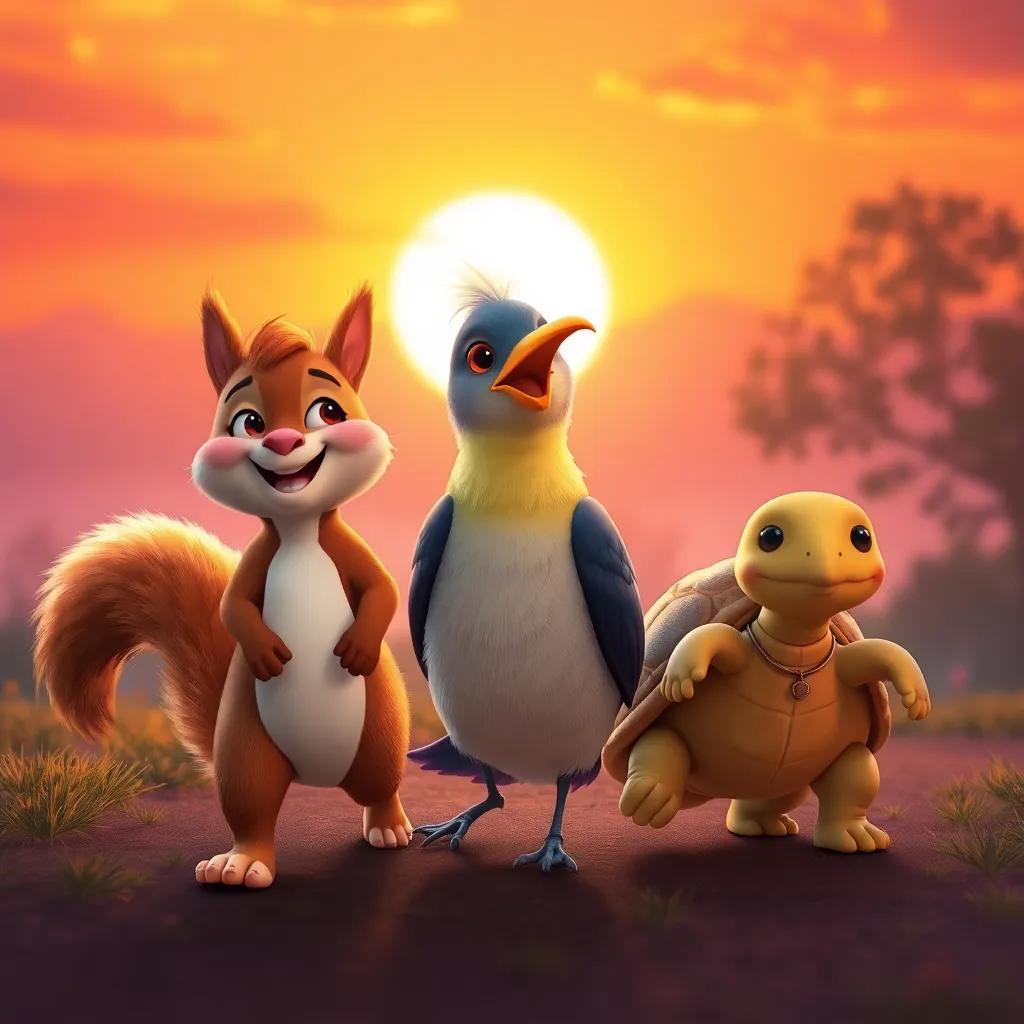 A cheerful trio of friends, a squirrel, a bird, and a turtle, walking together as the sunset paints the sky orange and pink, joyful expressions, magical atmosphere, digital art, vibrant colors, inviting view, high quality