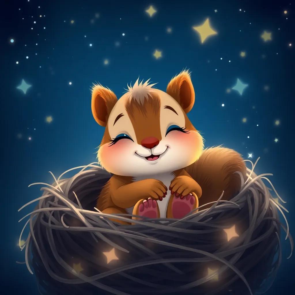 A happy little squirrel, Sammy, snuggled in a cozy nest, stars twinkling in the night sky, dreaming of adventures with friends, serene and peaceful, digital art, deep blues with sparkling stars, calm atmosphere, heartwarming scene, high quality