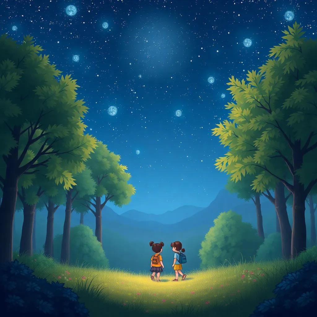 A tranquil forest scene under a starry night sky, depicting joy, friendship, and adventure, digital art, soft colors, inviting atmosphere, high quality