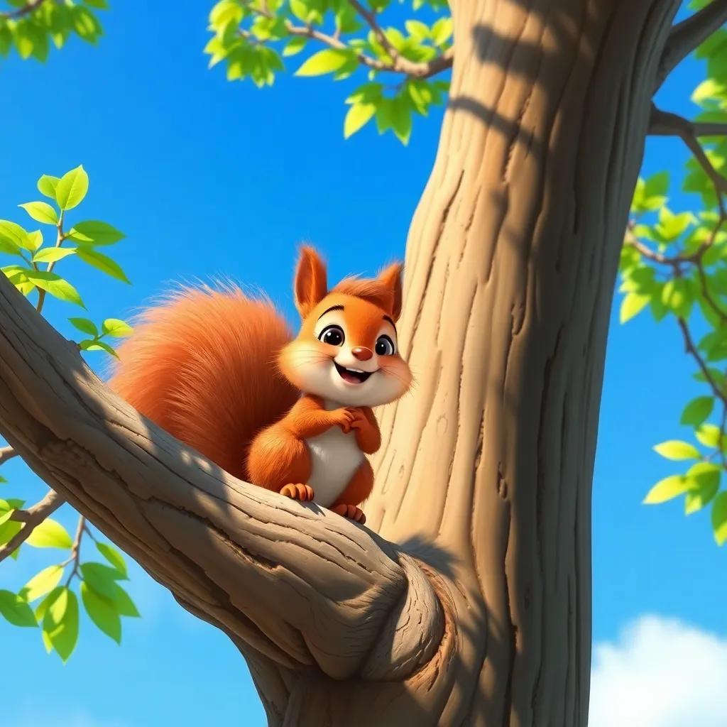 A cheerful little squirrel, Sammy, with fluffy brown fur and a bushy tail, sitting on a high branch of a tall tree, bright blue sky, green leaves, digital art, vibrant colors, joyful atmosphere, high quality