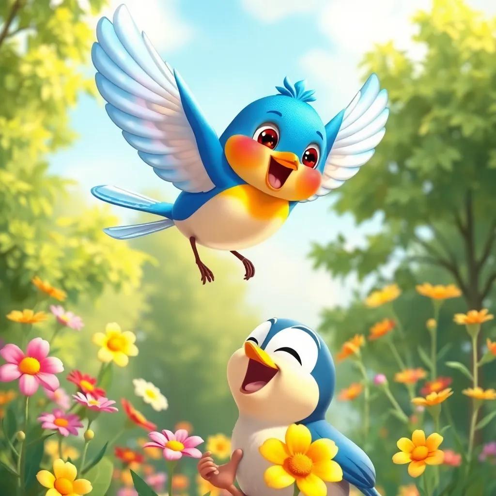 A colorful bluebird, Benny, with shiny feathers, flying above Sammy, chirping joyfully, surrounded by bright flowers and green trees, illustration, cheerful, sunny day, child-friendly